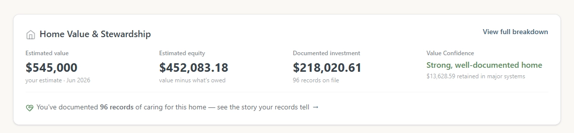 Jack's Home Value & Stewardship view — estimated value, equity, and documented investment