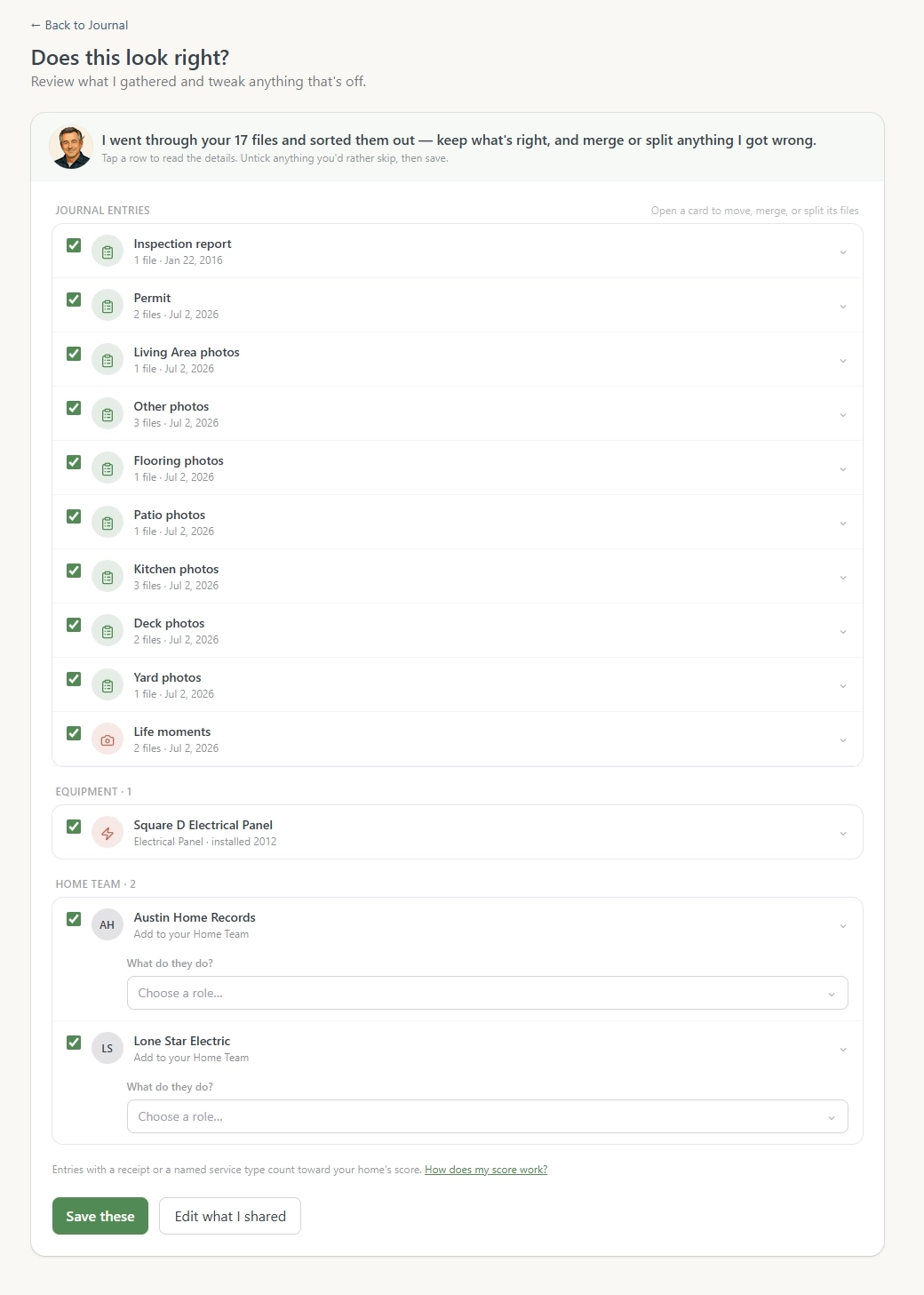 Jack's confirm screen — a dropped pile of files sorted into journal entries, equipment, and home-team contacts
