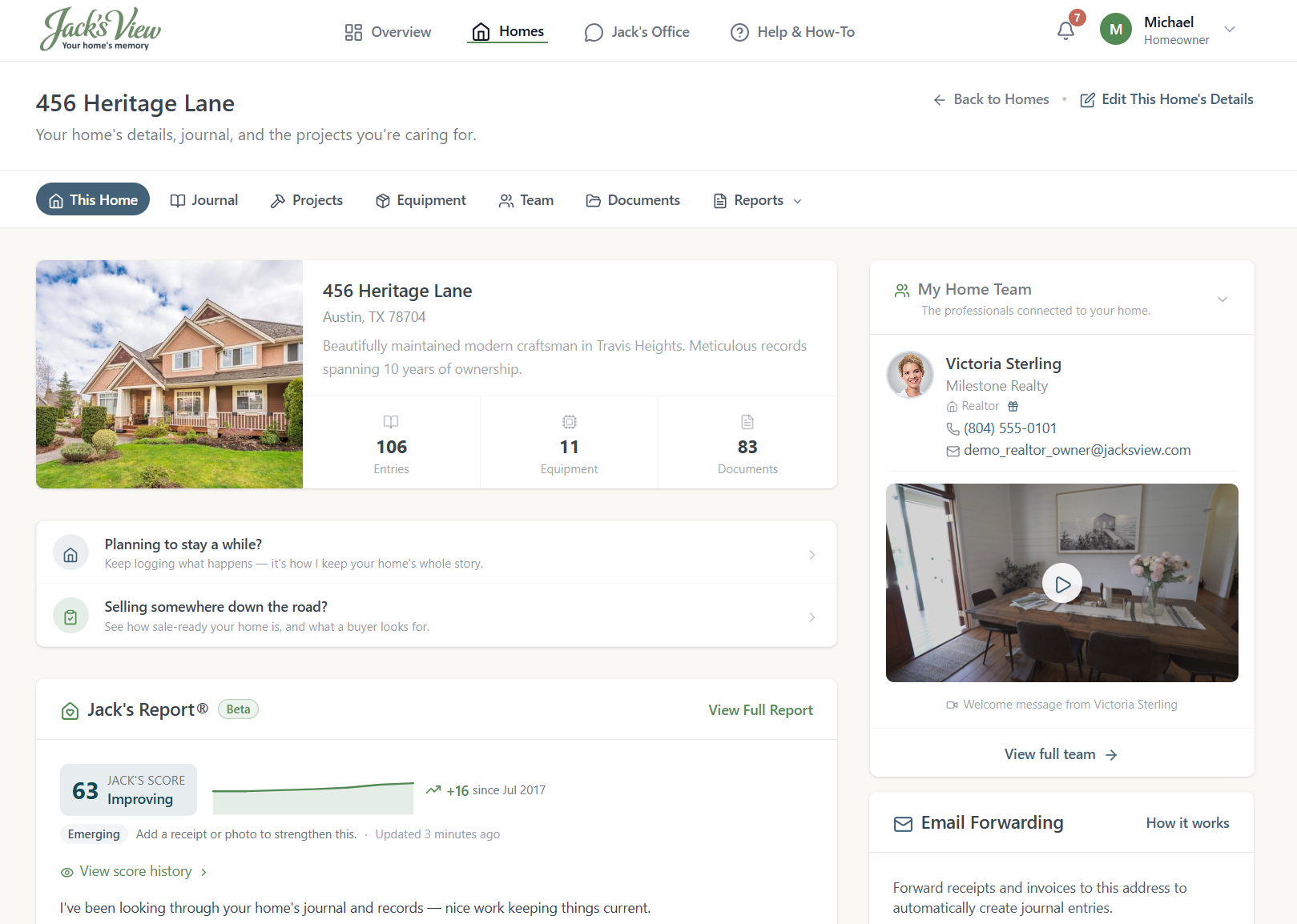 A realtor's photo, welcome video, and trusted providers built into their client's Jack's View home dashboard