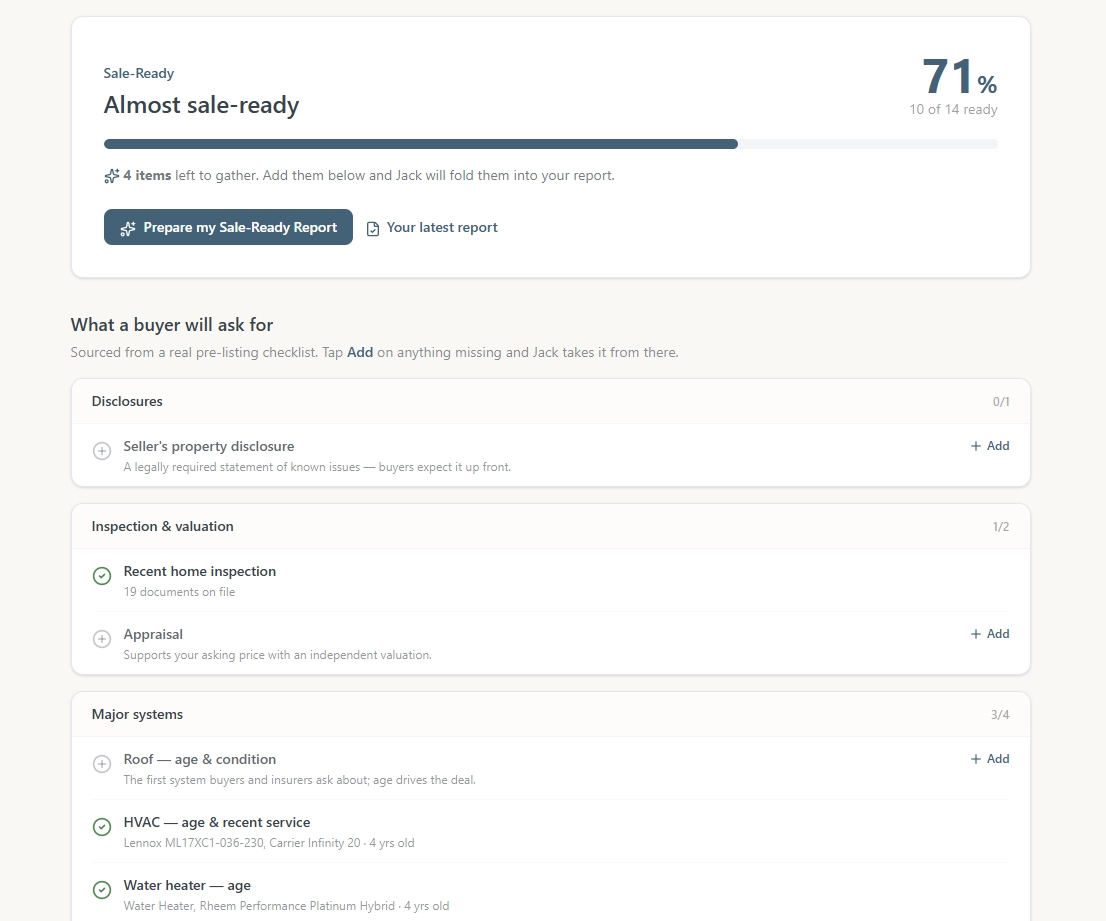 Jack's Sale-Ready report showing a readiness score and a checklist of what a buyer will ask for, with items marked done or still missing